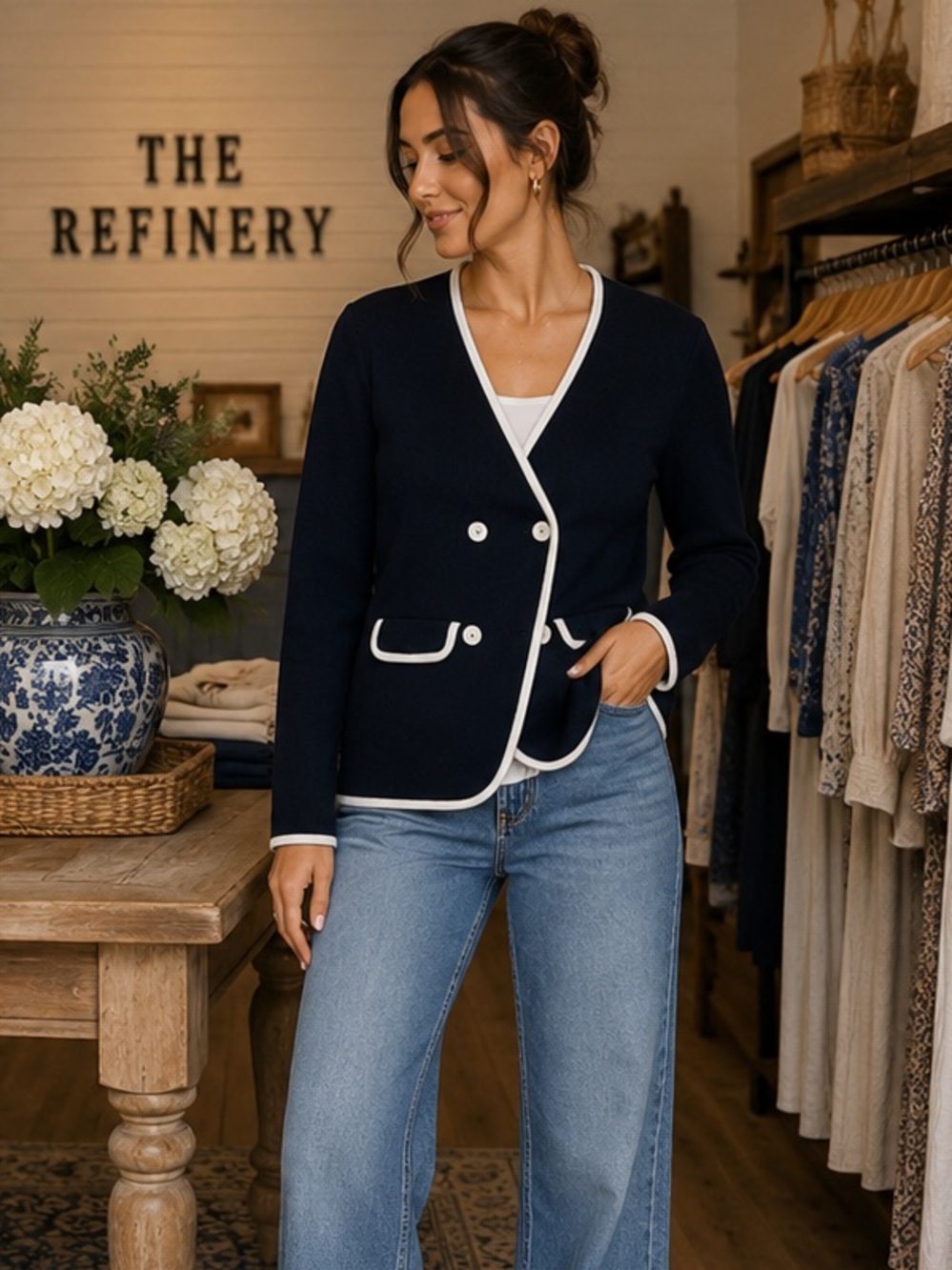 DOLAN Anthropologie Double-breasted blazer navy blue white jacket NWT $168